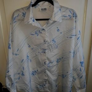 White Button down Blouse with Blue flowers
